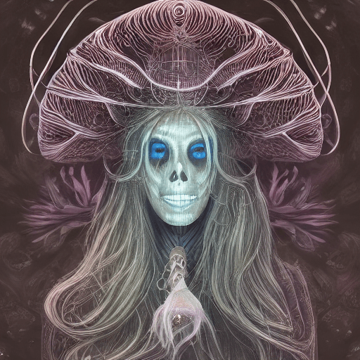 AI generated: Goddess close-up portrait ribcagel. jellyfish phoenix head, nautilus, orchid, skull, betta fish, bio...