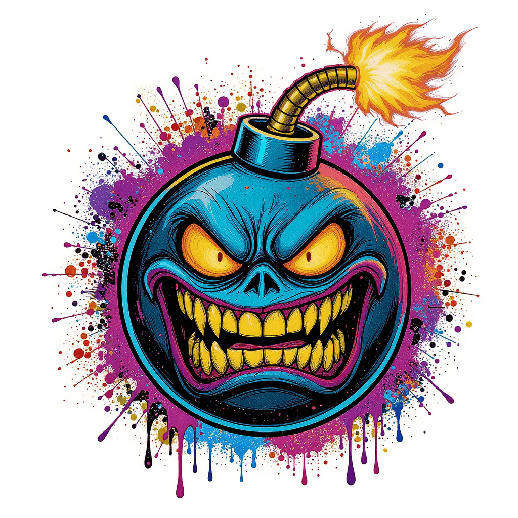 AI generated: A crazy cartoon round bomb character inspired by Serious Sam game logo, burning lit fuse on top, fur...