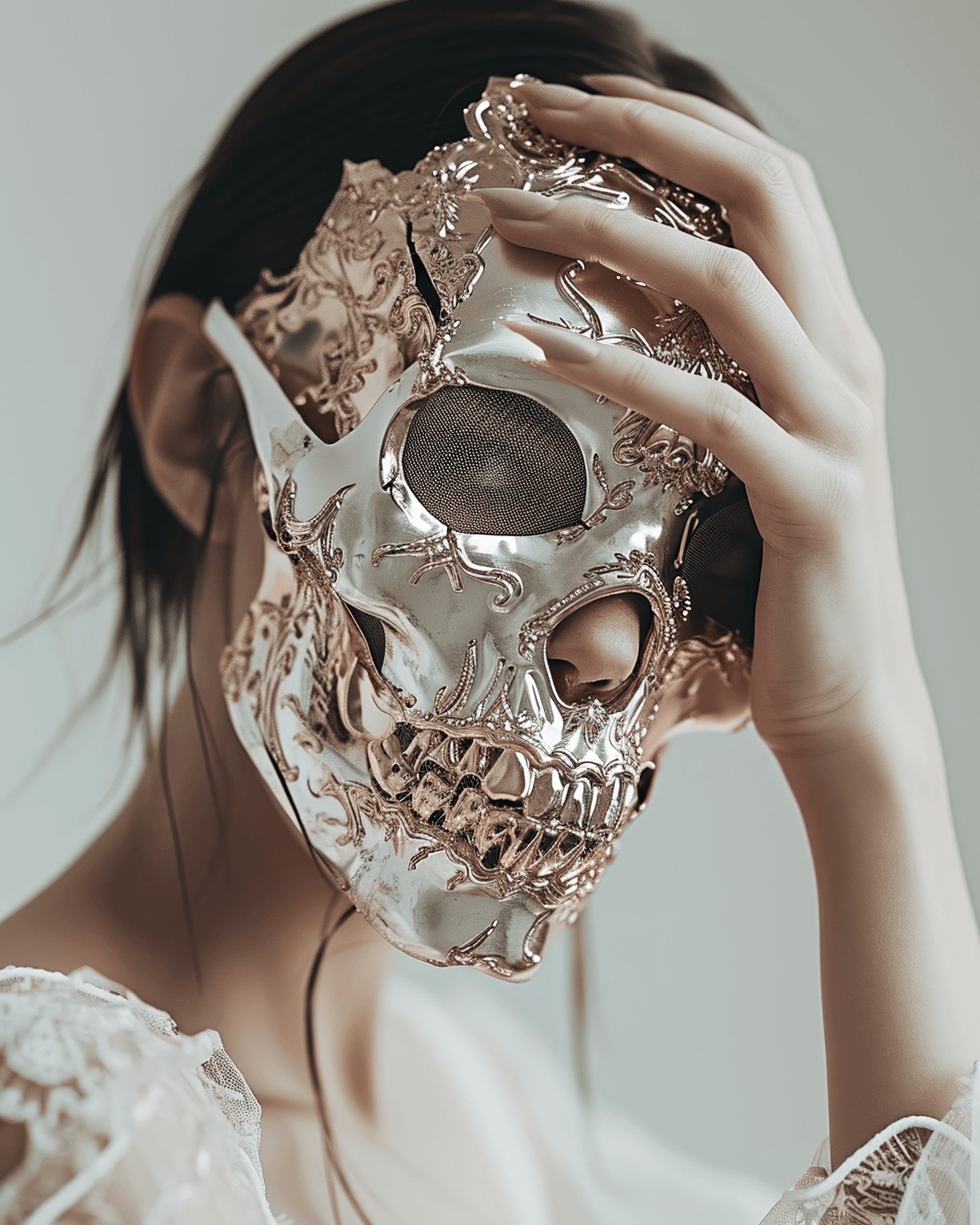 AI generated: photo portrait of a woman wearing a skull and bone mask, in the style of rose gold and white, lookin...