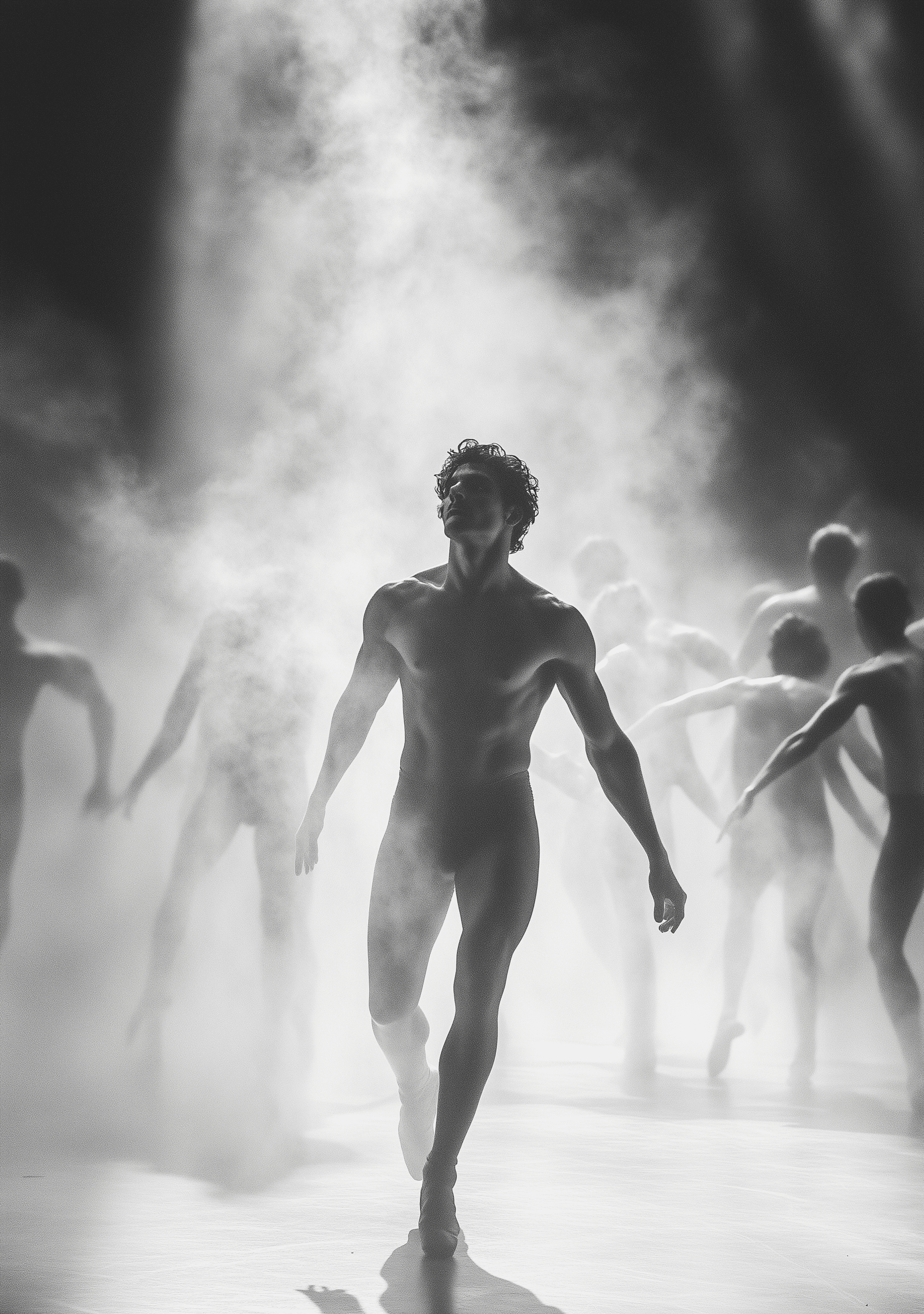 AI generated: A black and white photograph of an Italian male ballet dancer in the style of Tom. Within a grand, m...