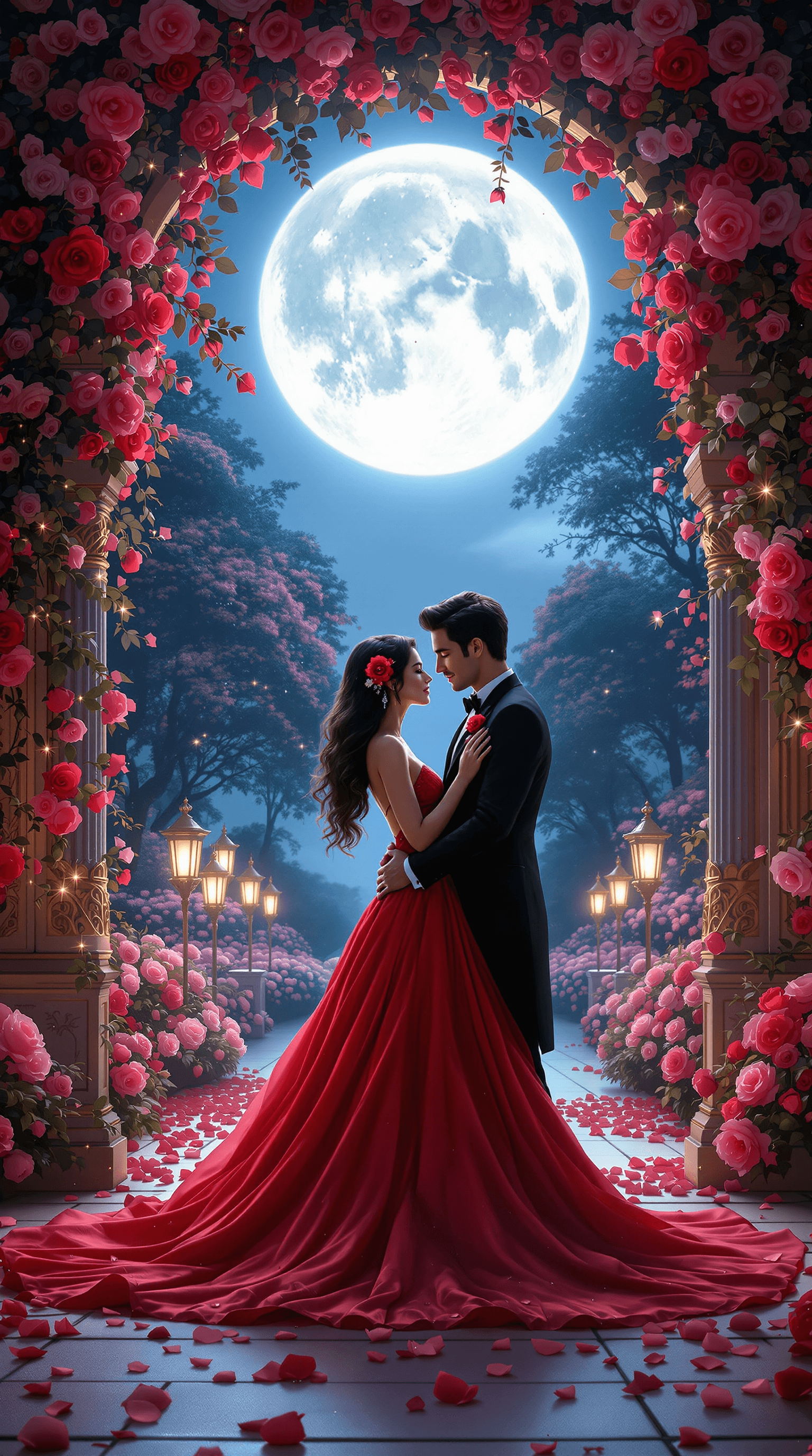 AI generated: A breathtaking romantic scene of a couple standing together in an enchanted garden under a luminous ...