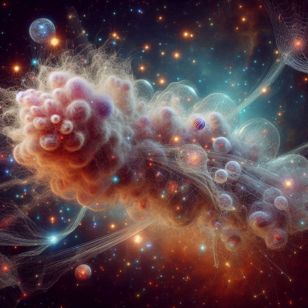 AI generated: In the foreground is a dark coccoon made of bioluminescent material with organic shapes. The hairy u...