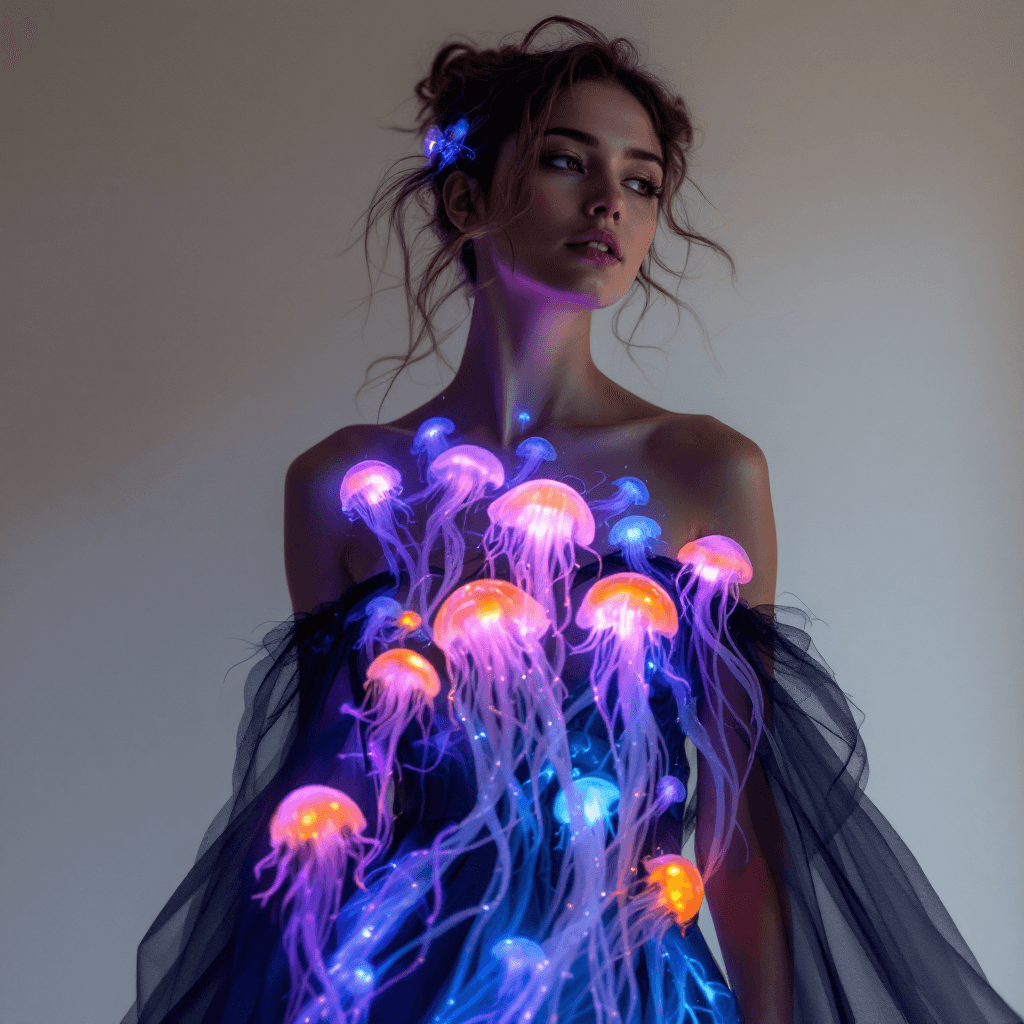 AI generated: A full-body woman with a fantasy outfit, her dress is made of bioluminescent jellyfish, their light ...