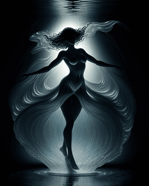 AI generated: Shadowy a woman's shilouette made entirely of flowing water, with detailed body emerging. The water ...