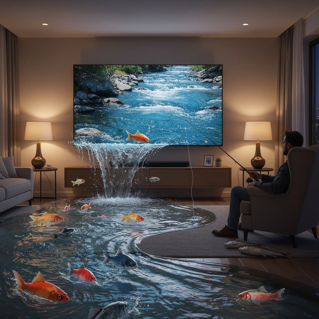 AI generated: A huge TV in the room, on the TV screen a picture of the flowing river. The river flows from the TV,...