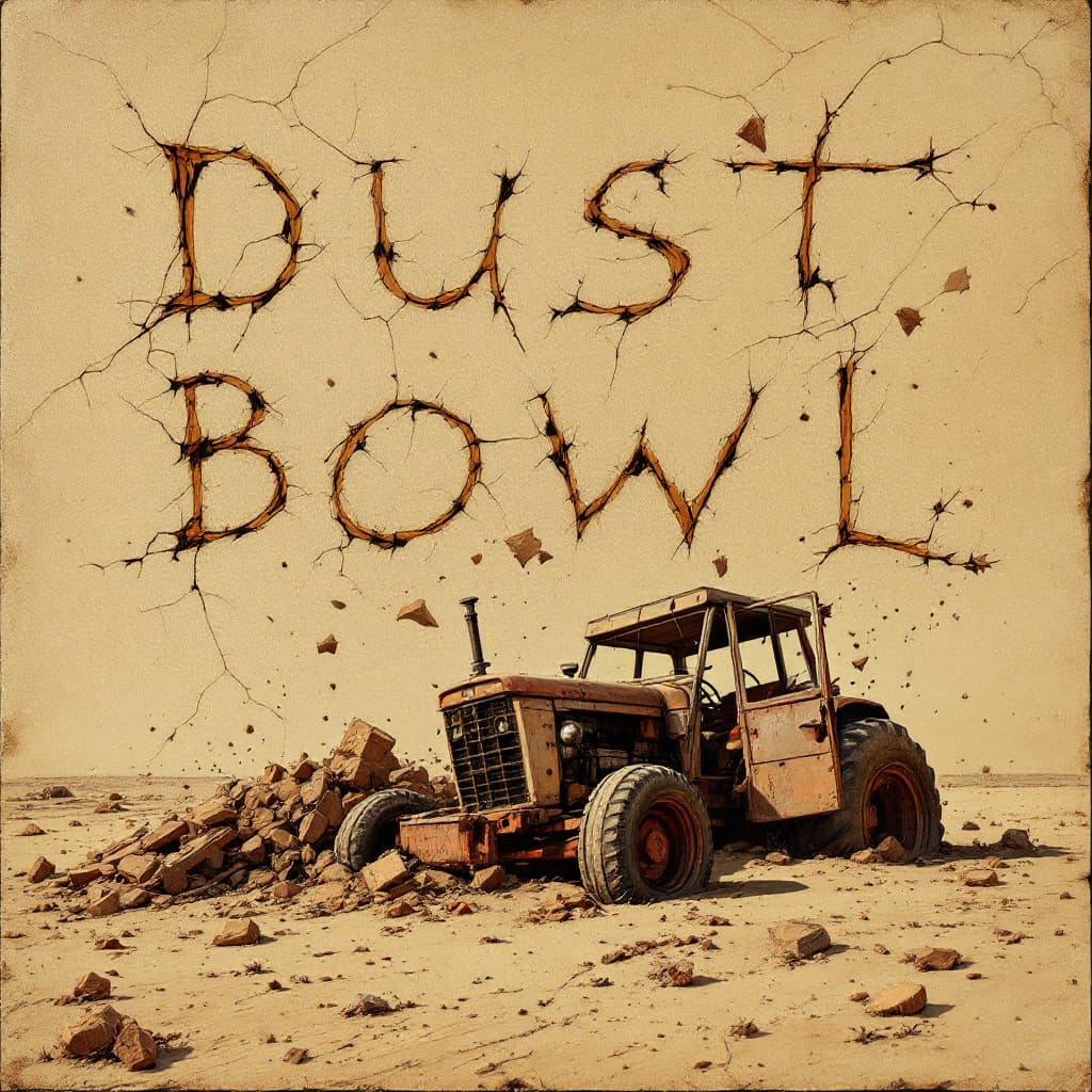 AI generated: 10.	"Dust Bowl" in cracked, sandy text, with flying debris and an old tractor half-buried nearby