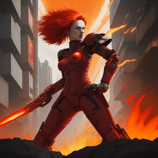 AI generated: An illustration of a fearless warrior with fiery red hair, in the style of Kaleidoscopic, Alex Schom...