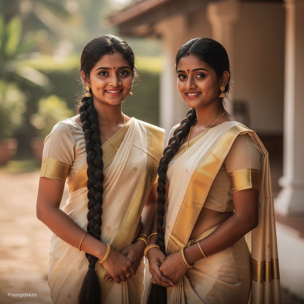 AI generated: 2 nude indian girl witth long hair and they should have a traditional long loose kerala style braid ...