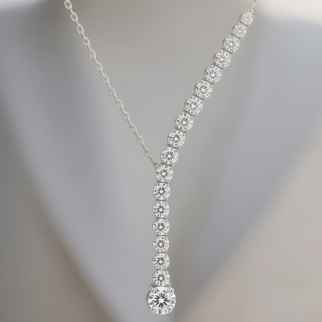 AI generated: Minimalist luxury diamond drop necklace in 18K white gold featuring a delicate fine chain and an ele...
