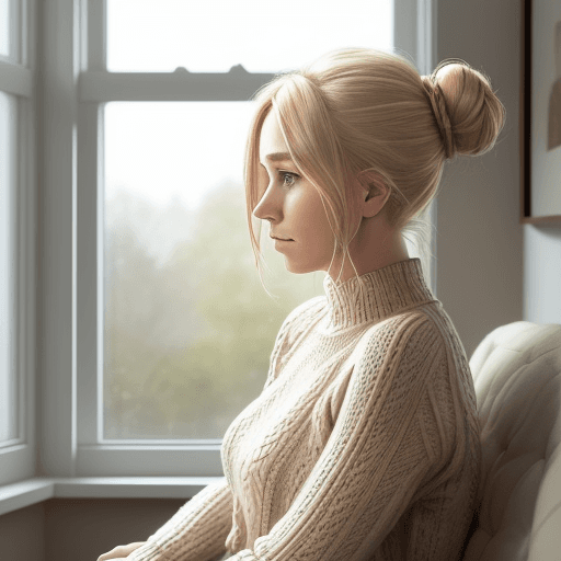 AI generated: A woman sitting by a window in a side profile pose, gazing outside with a pensive expression. She ha...