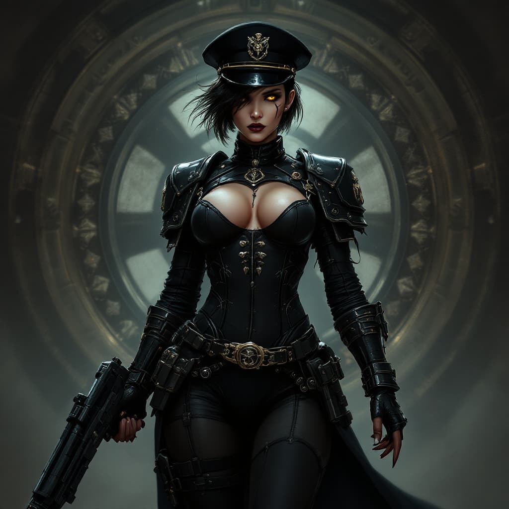 AI generated: artwork in the grimdark style of warhammer 40k of a sexy female comissar, standing infront a gothic ...