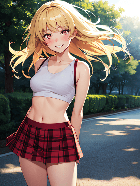 AI generated: realistic,portrait, 1girl, crop top, blonde hair, dark eyes, glowing eyes,skirt, parted lips, blush,...