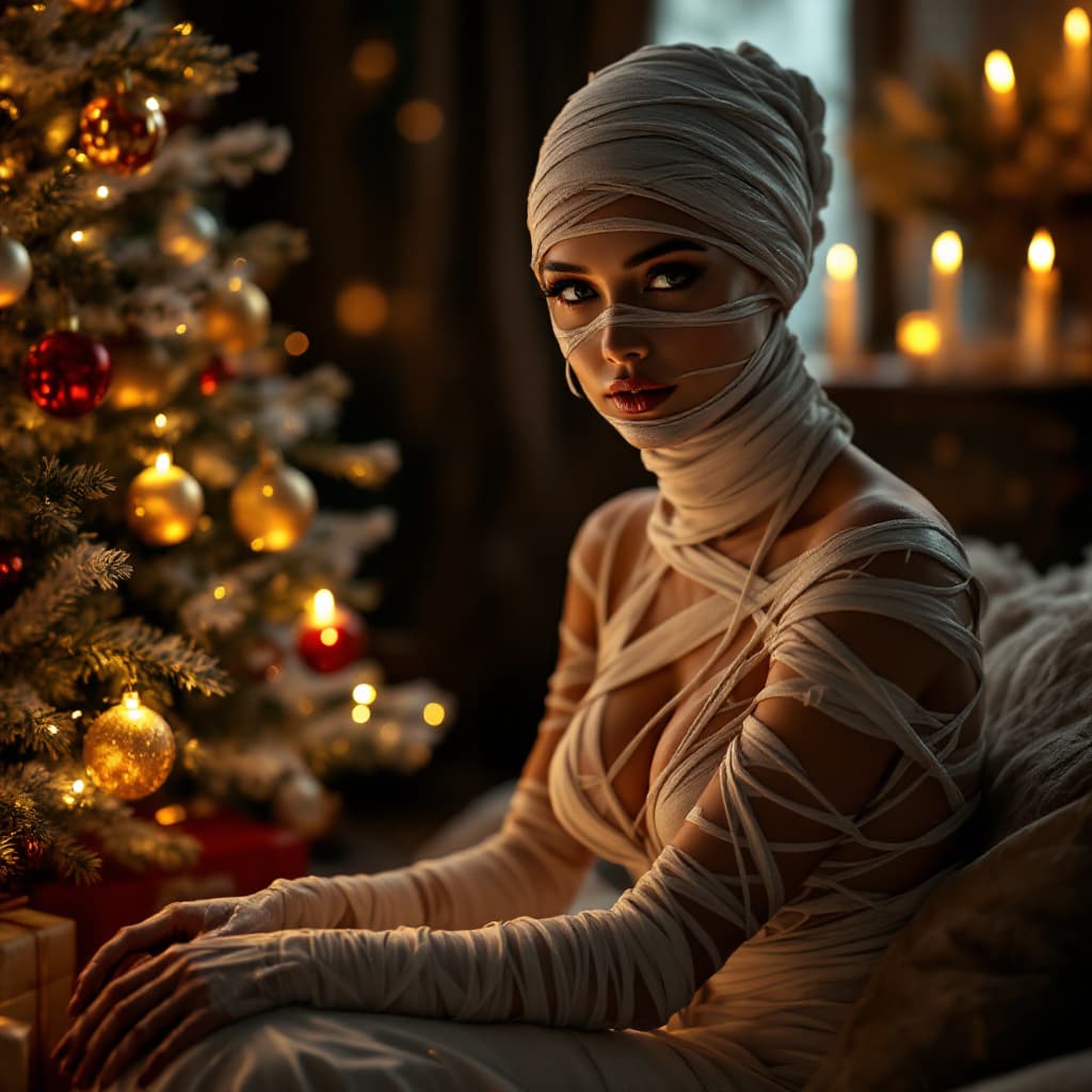 AI generated: A stunning woman dressed in elegant mummy-inspired wrappings, glamorous and stylish rather than scar...