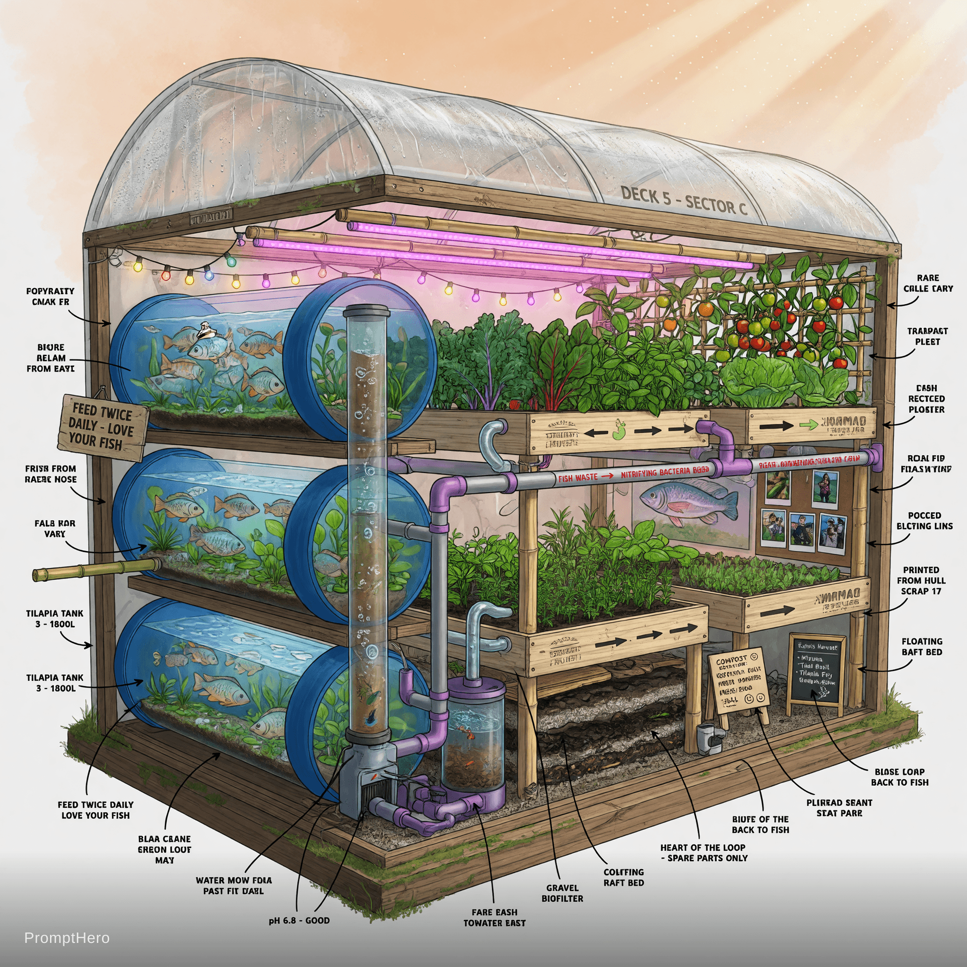 AI generated: Highly detailed technical interior cutaway view of the lush Aquaponics Greenhouse on Deck 5 of Proje...