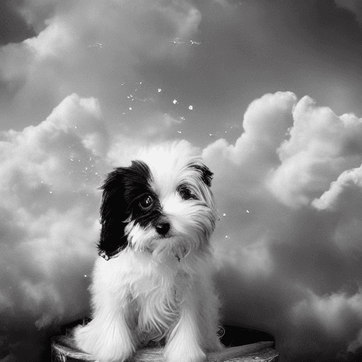 AI generated: a photorealistic portrait of a little black and white dog, surrounded by Angela in Heaven, beautiful...