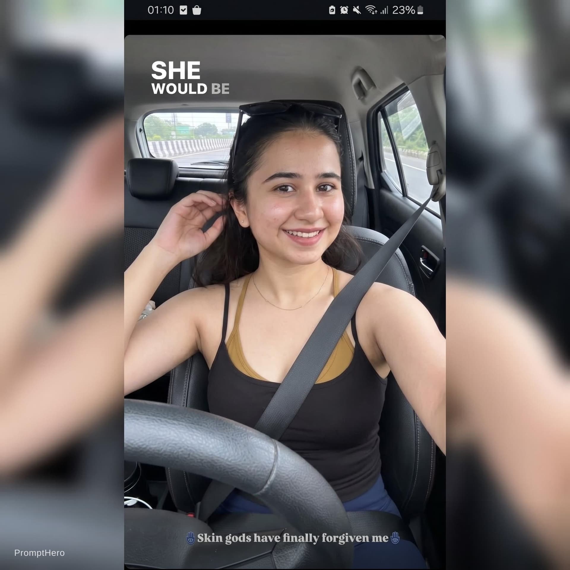 AI generated: this woman, but inside the car in the driver's seat, recording herself in selfie mode