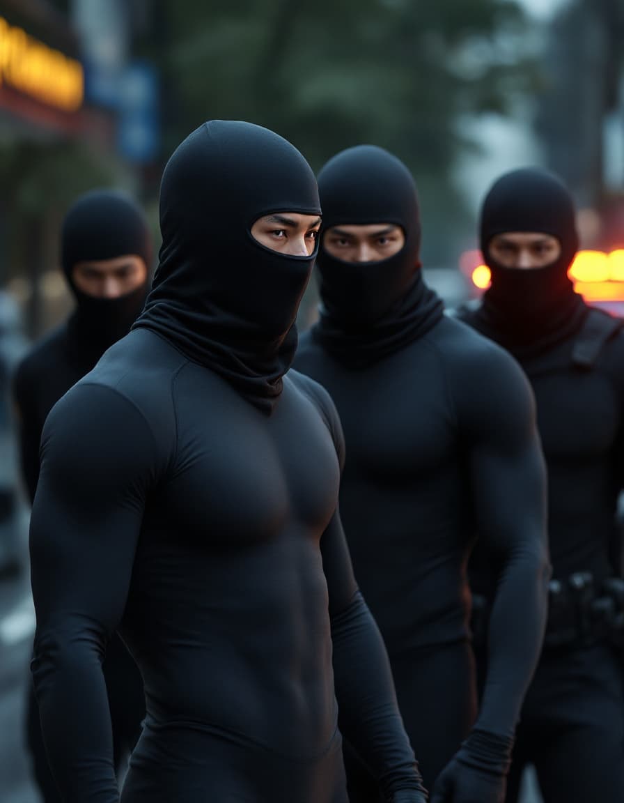 AI generated: A group of athletic male Asian Chinese are wearing compression jammers are under police investigatio...