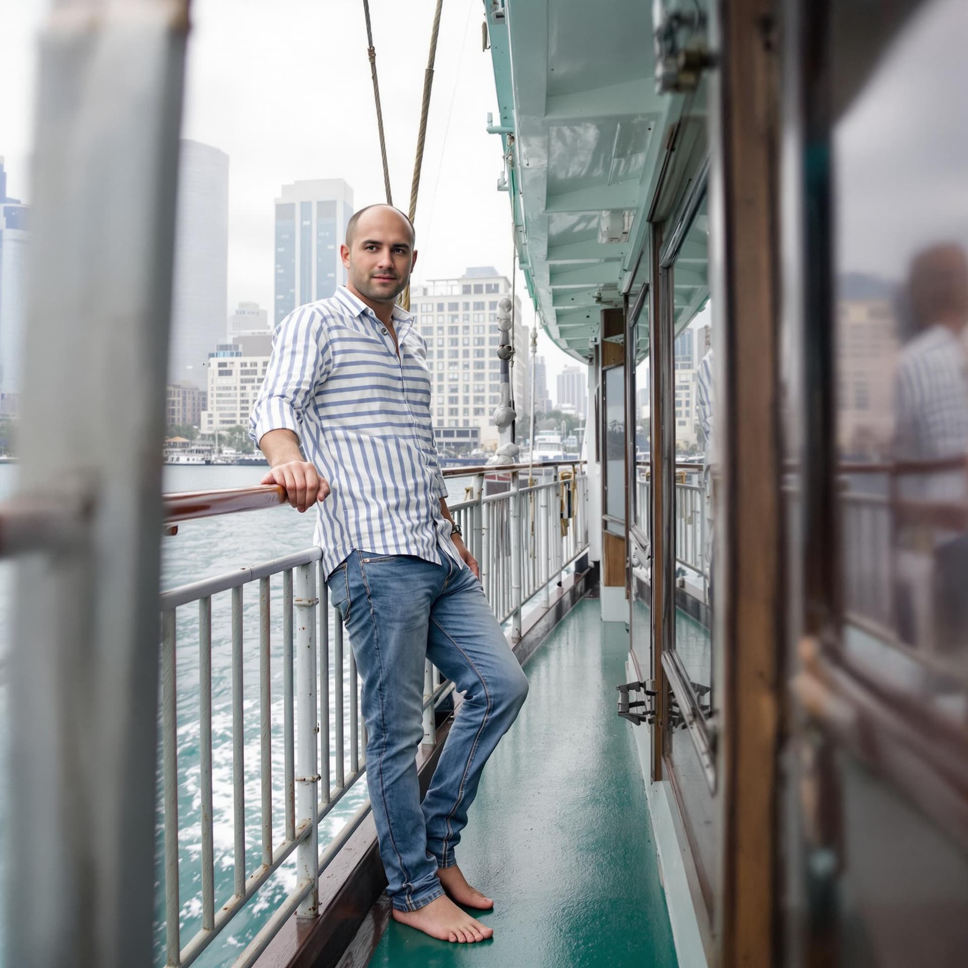 AI generated: create a image for this "A man standing on a boat deck, looking at the camera." in a striped shirt a...