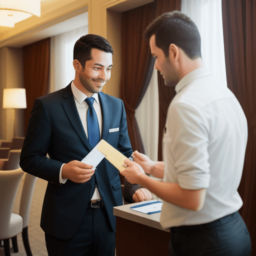 AI generated: Photographed by a hotel guest, a man hands a passport to the hotel receptionist
