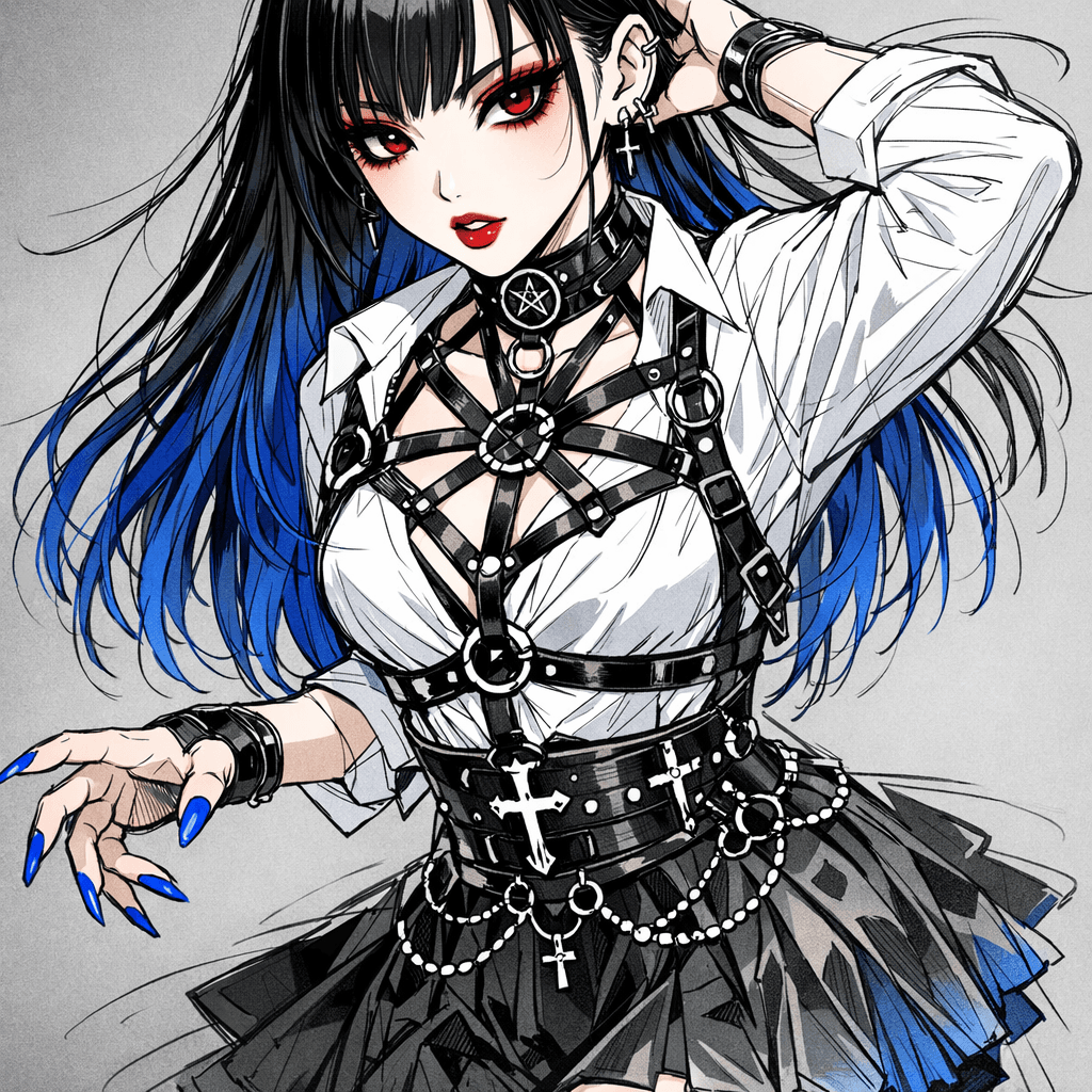 AI generated: girl, solo, black to blue hair, straight hair,gothic Korean makeup, bright gothic makeup, black jlx ...