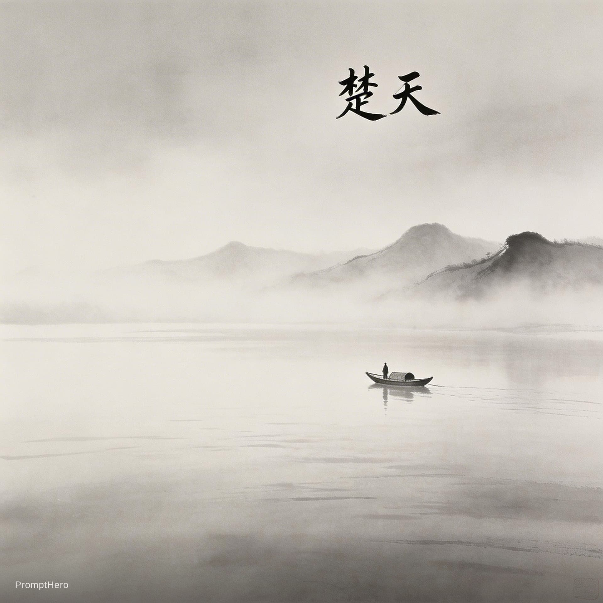 AI generated: A tiny wooden boat sailing away on a vast river, thick mist and fog, distant mountains in ink stroke...