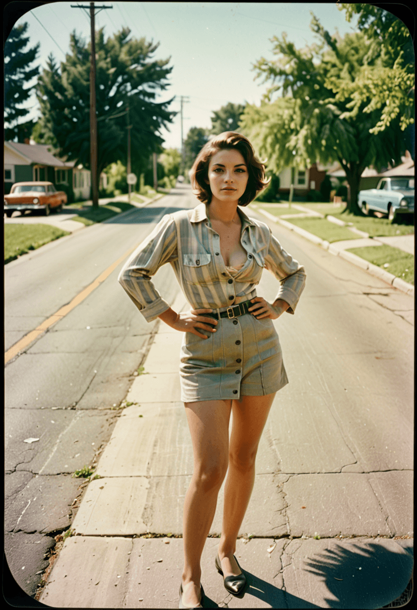 AI generated: full body analog film photography of a woman posing outside, 1960s style outfit and hair, unbuttoned...