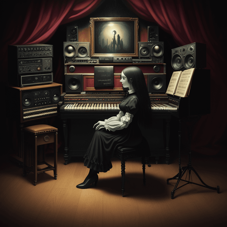 AI generated: music Album cover picture, gothic, surreal art, oil picture, radio, speaker, computer, piano, organ,...
