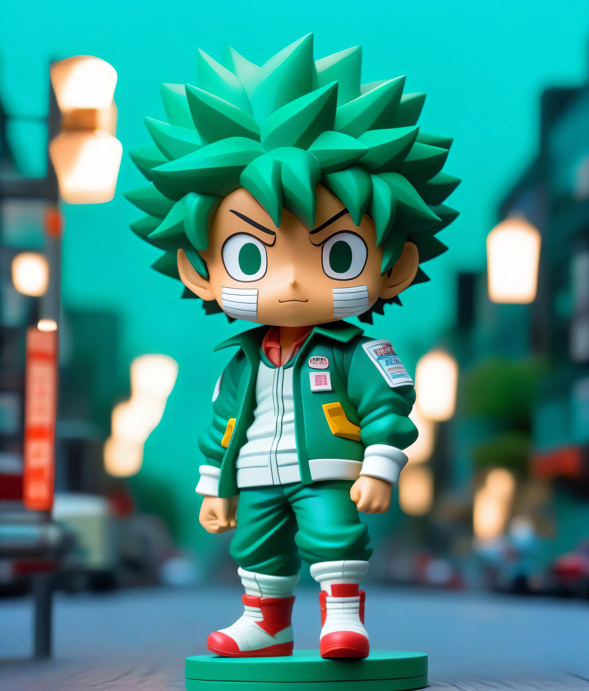 AI generated: city street, Super cute Izuku Midoriya full body 3D image, 1pc, good eyes looking, big eyes, cute, h...