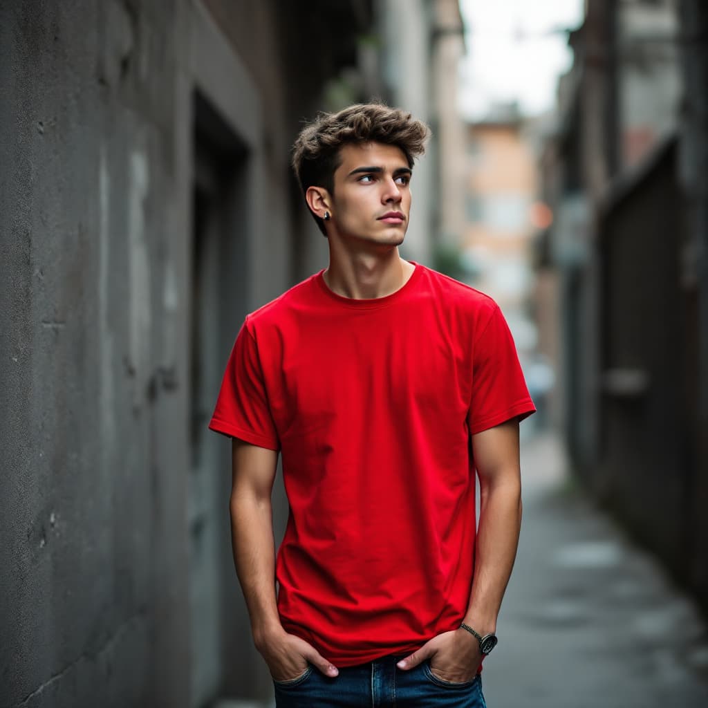 AI generated: a young man is captured in a moment of quiet confidence. He stands with his left hand casually tucke...