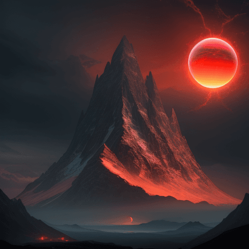 AI generated: illustration depicts an ancient mountain in an island emitting a large light though the sky.. The sk...