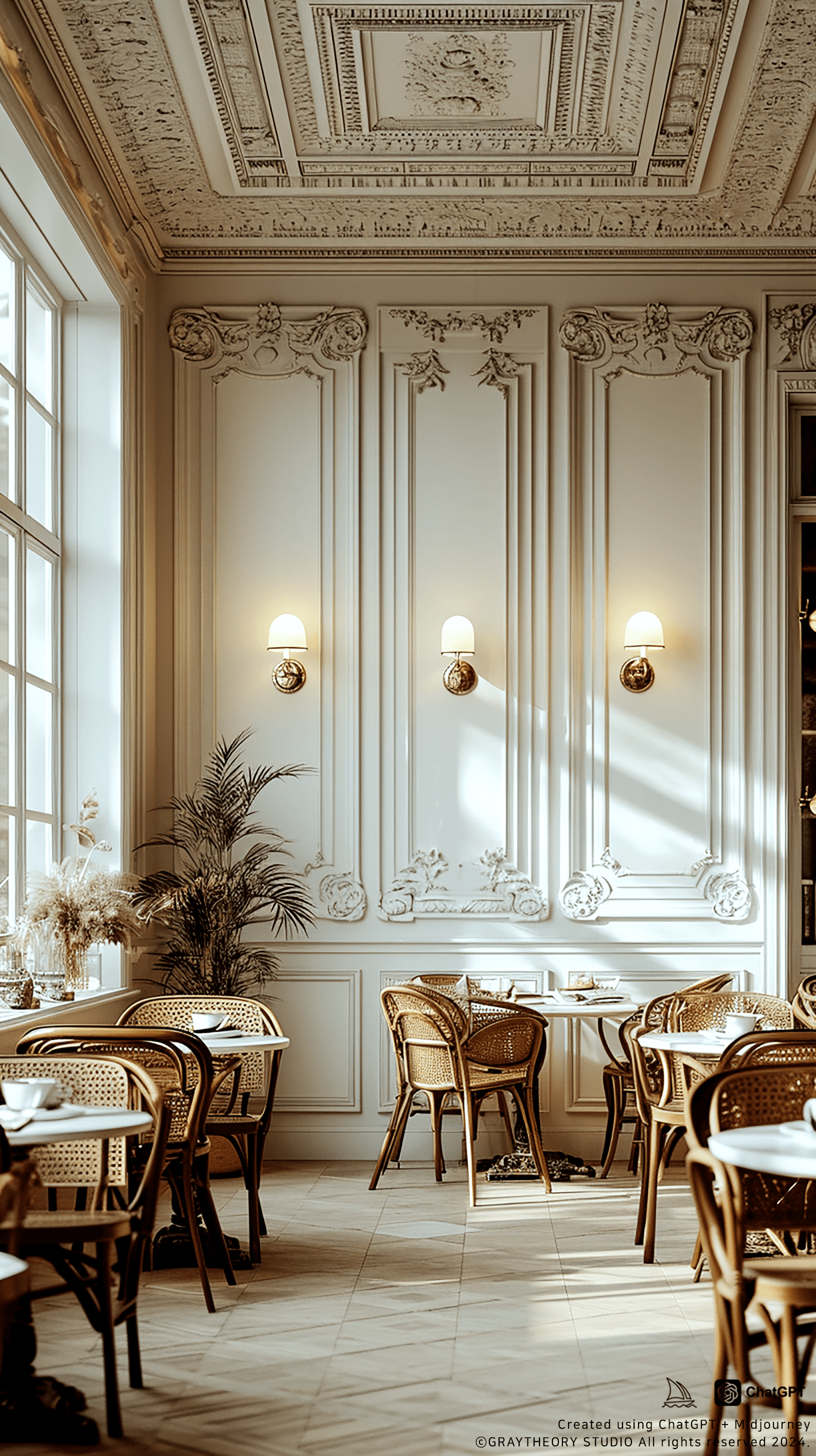 AI generated: Intimate cafe space, front view, Thonet No. 14 chairs, Poul Henningsen PH lamps, captured with a Fuj...