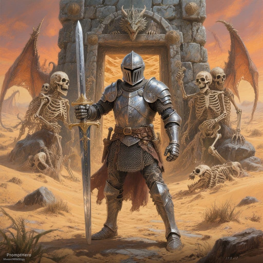 AI generated: A painting in the style of Michael Whelan of an anthropomorphic knight in full armor standing on the...
