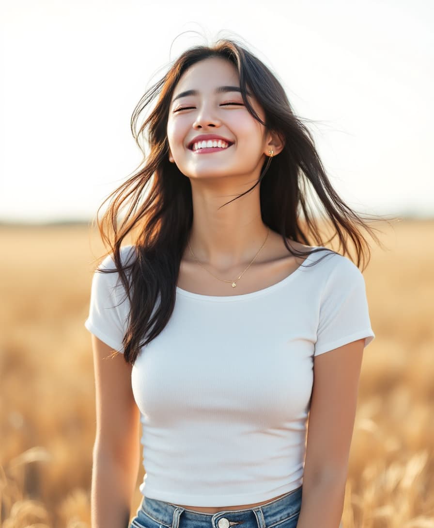 AI generated: Full body photo of an Asian girl, wearing a white short-sleeved top and denim shorts, smiling with h...