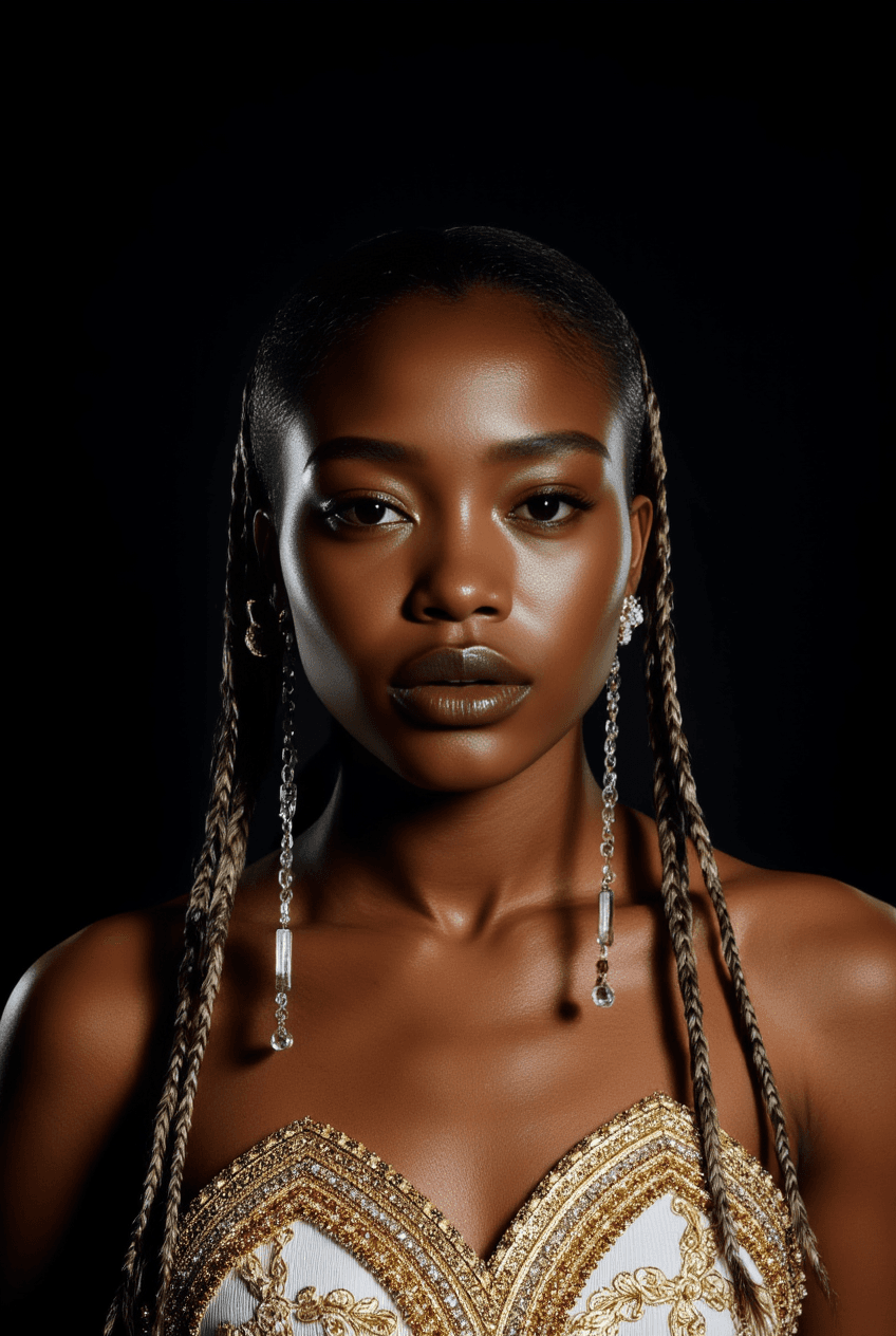 AI generated: The image is a high-resolution photograph of a young African woman with a deep, rich brown skin tone...