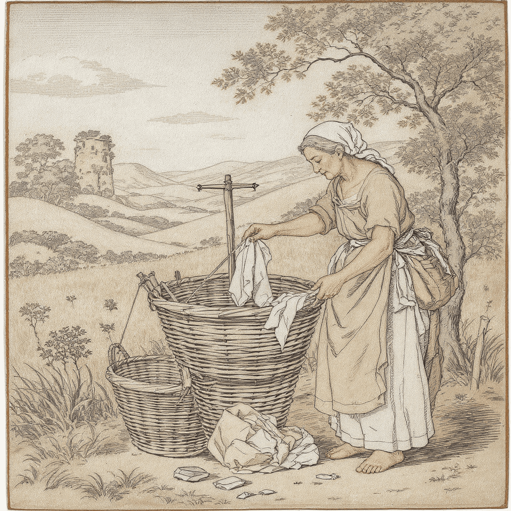 AI generated: An elderly woman doing her laundry in the summer, using the tone of Renaissance craft that has a thi...