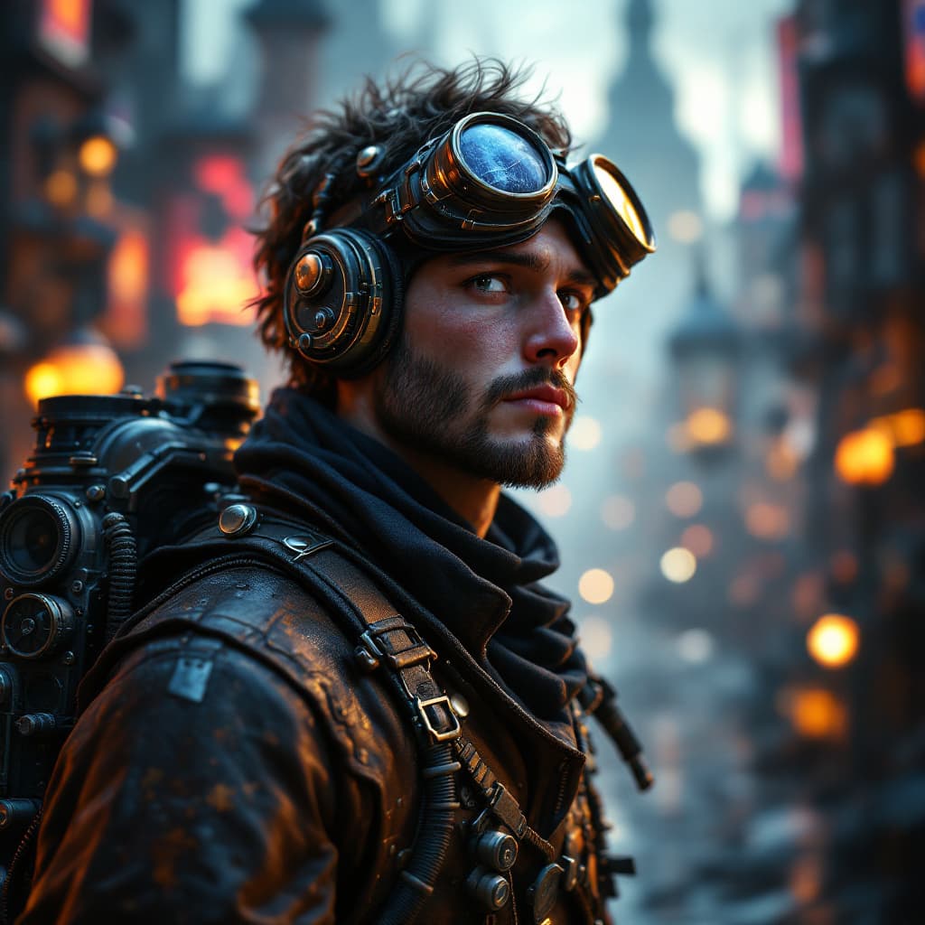 AI generated: A close up steampunk adventurer with goggles and a jetpack, exploring a mystical city. The adventure...