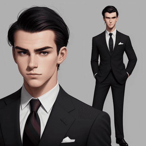 AI generated: Square (1:1) Draw a sharply dressed young man with short, neatly styled dark hair. He wears a fitted...