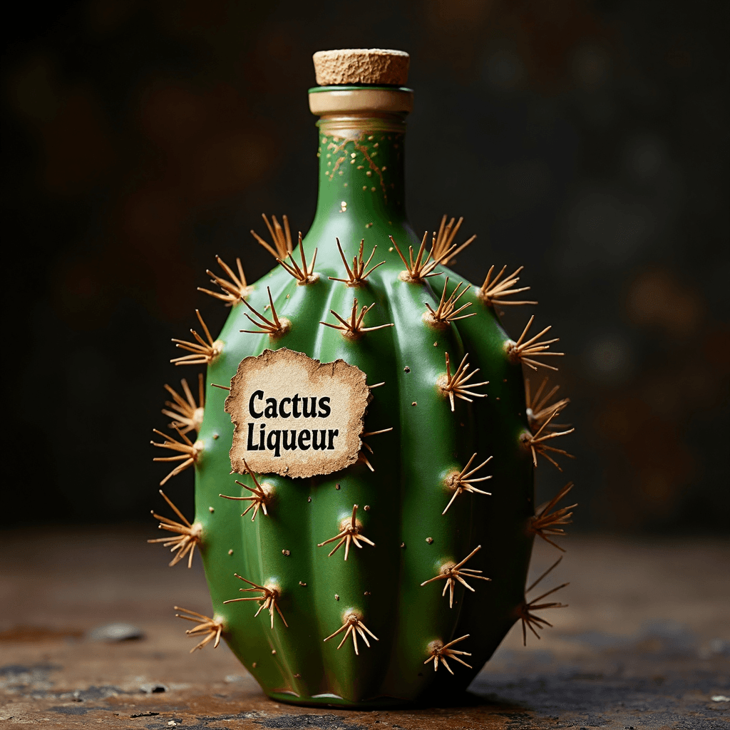AI generated: a bottle of expensive tasty liqueur made in the shape of an cactus with a lot of dangerous spikes al...