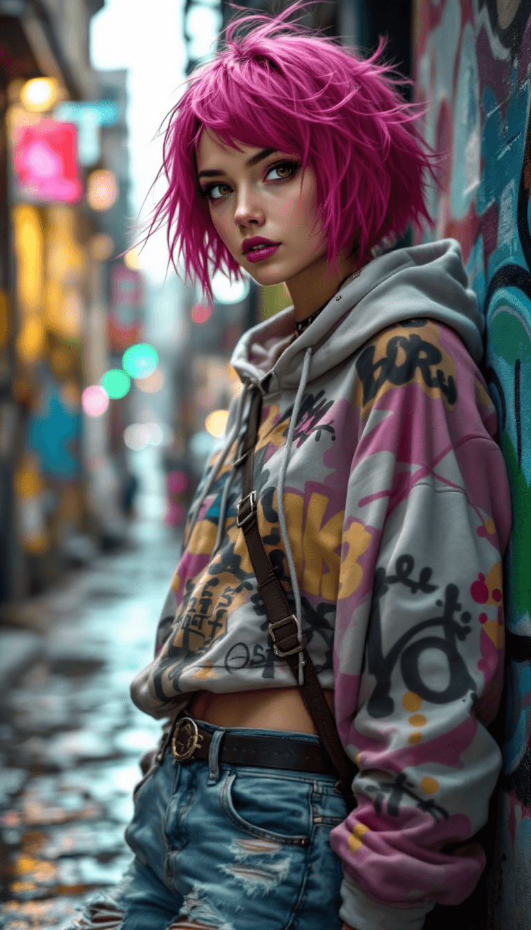 AI generated: A rebellious and artistic character with short, vibrant pink hair often styled in a messy and edgy w...