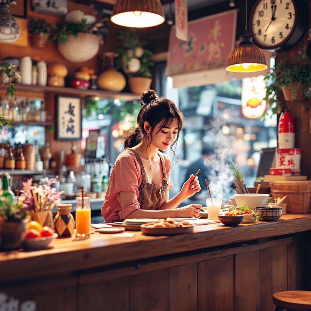 AI generated: Action shot of a woman in the wooden bar of a lively izakaya, culinary style, in a vibrant District,...