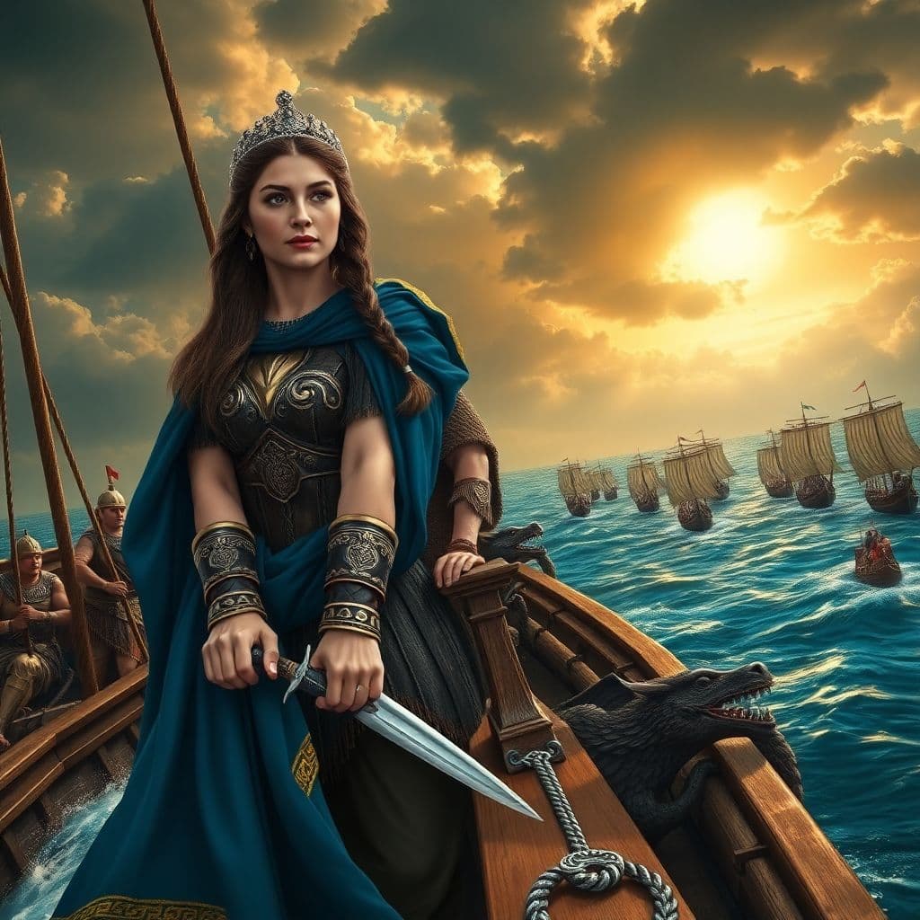 AI generated: Prompt: A powerful and determined Queen Teuta of Illyria stands at the prow of her warship, sailing ...