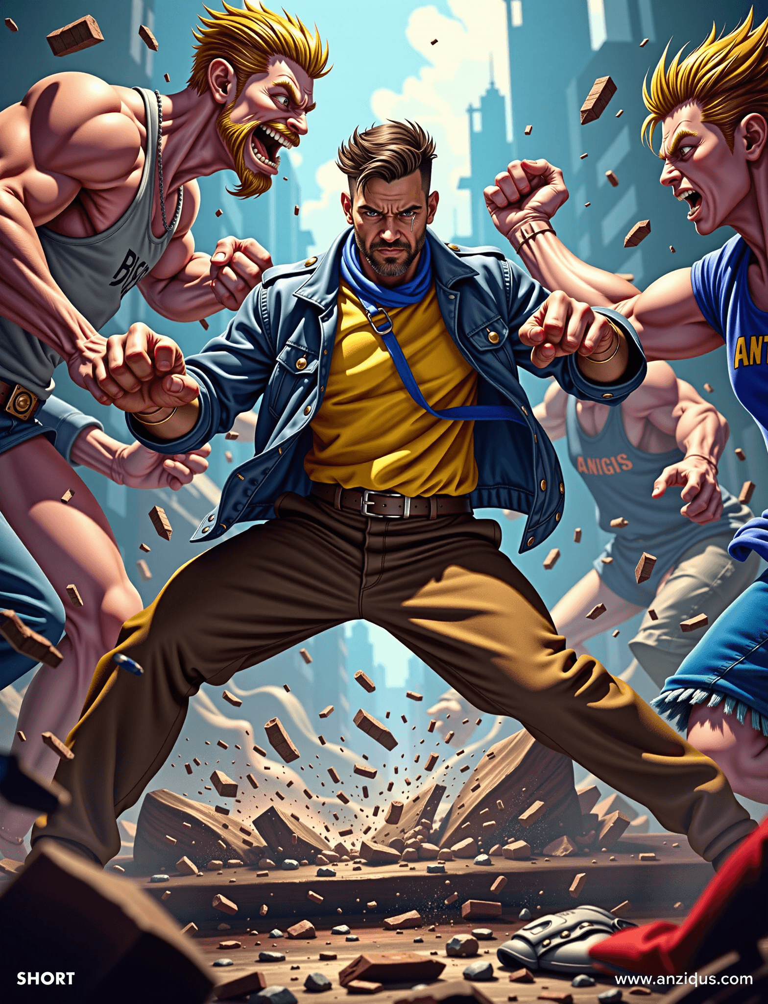 AI generated: A photorealistic rendering of a man in intense combat amidst a vibrant, comic book-inspired world. H...