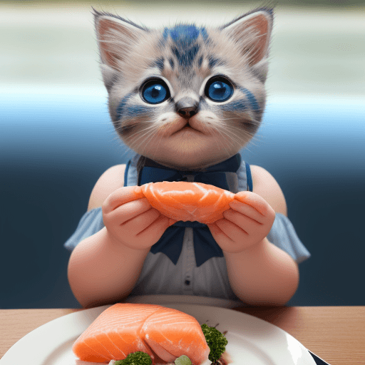 AI generated: A Chubby and round short English blue gold kitten eating salmon with sapphire green pupils
