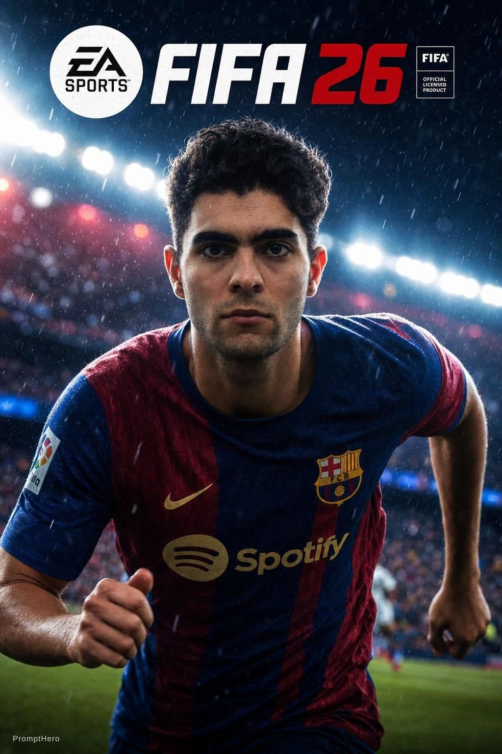AI generated: ultra realistic FIFA 26 cover art, young professional football player running toward camera in a pac...
