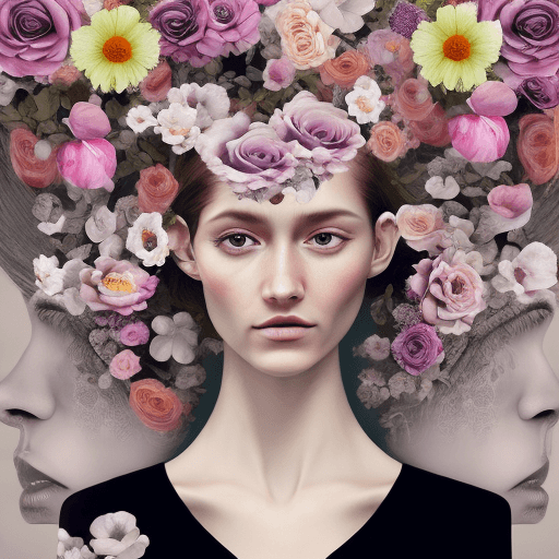 AI generated: Blend large flowers into intricate human faces, merging petals into soft features with elegance and ...
