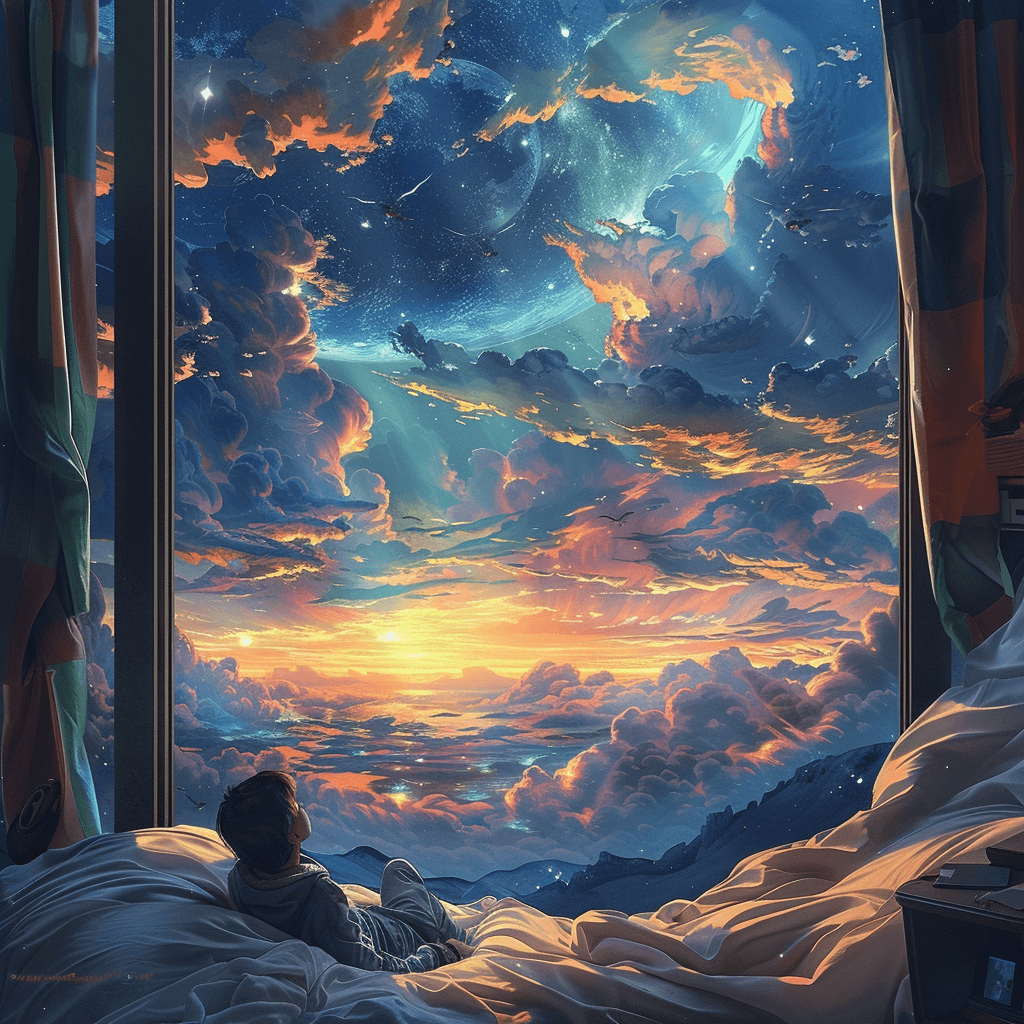 AI generated: person is lying down on bed and watching the sky, in the style of detailed fantasy art, high detaile...