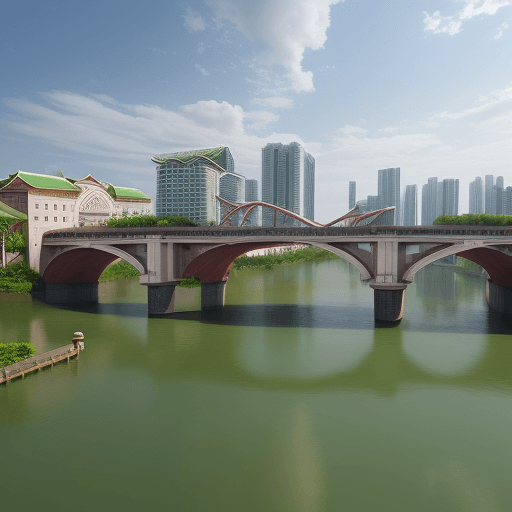 AI generated: (paperai), landscape, buildings, bridge over water