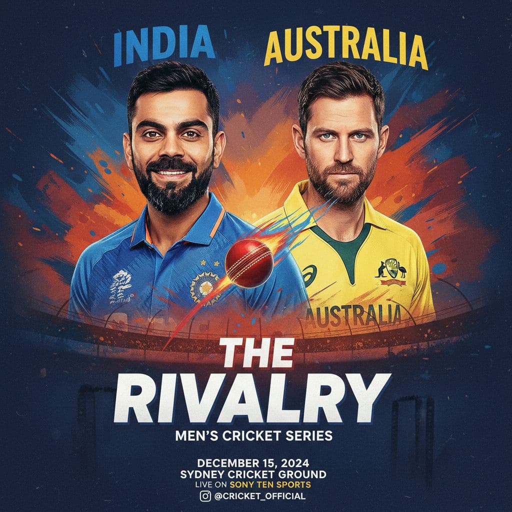 AI generated: a realistic poster-style image for a men’s cricket match between India and Australia. With Real play...