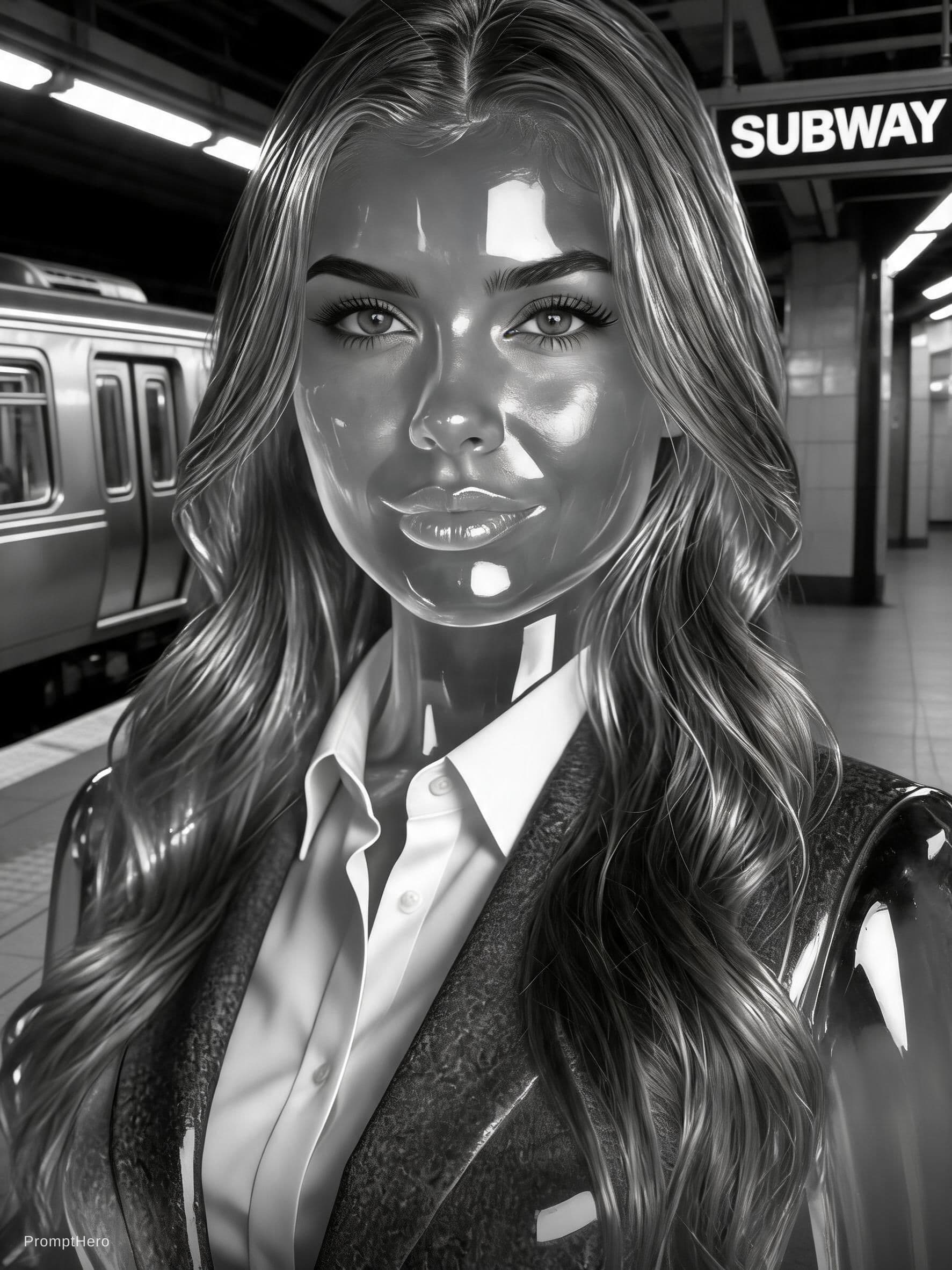 AI generated: a woman with long hair in a subway station, in the style of black and white imagery, gritty hollywoo...