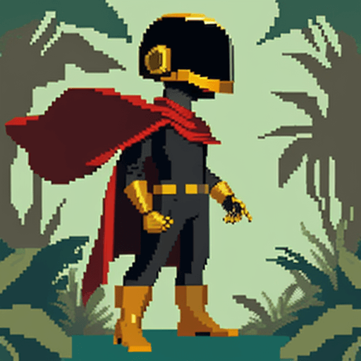 AI generated: simple 2d pixel art character with a daft punk helmet and red cape, standing in a jungle, in the sty...